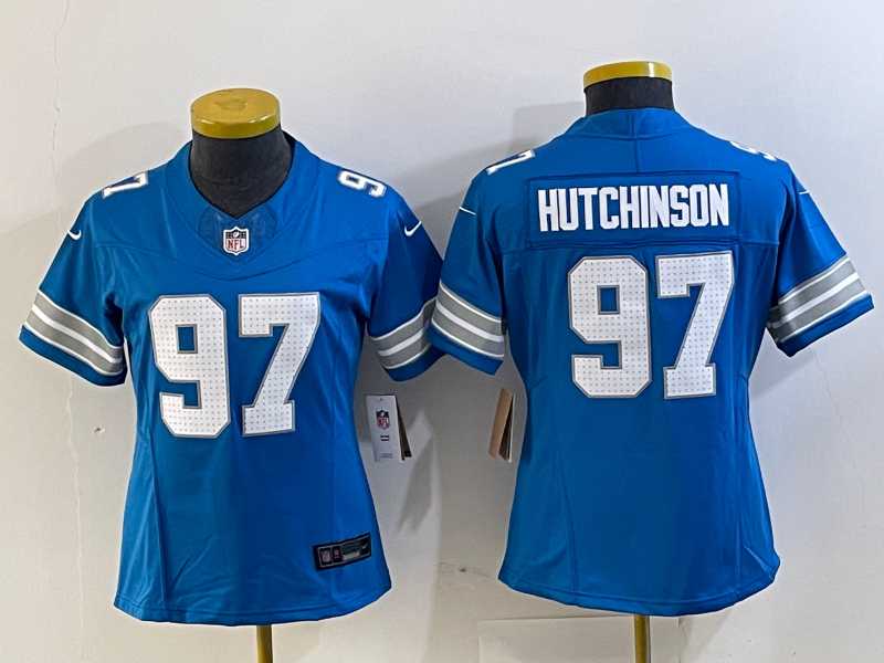 Womens Detroit Lions #97 Aidan Hutchinson Limited Blue 2024 FUSE Vapor Jersey->women nfl jersey->Women Jersey